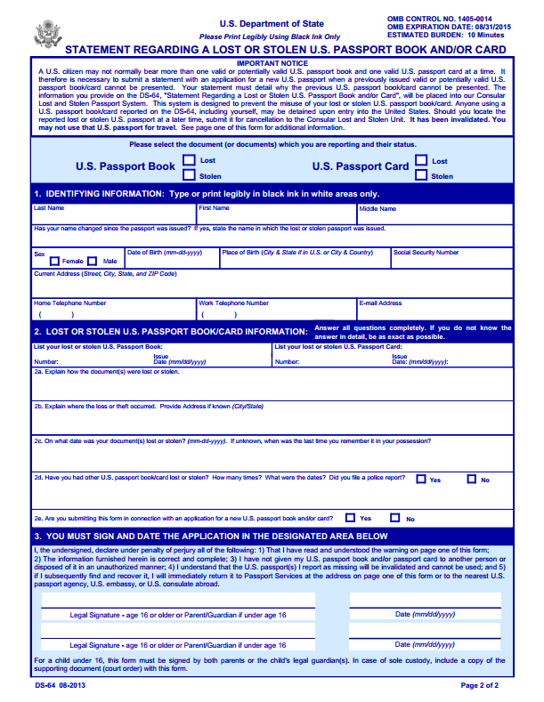 DS 64 Lost Stolen Passport Form Passport Info Guide