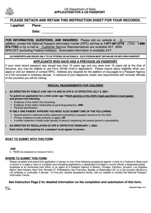 Form Ds 11 Application For A Us Passport Printable Pdf 