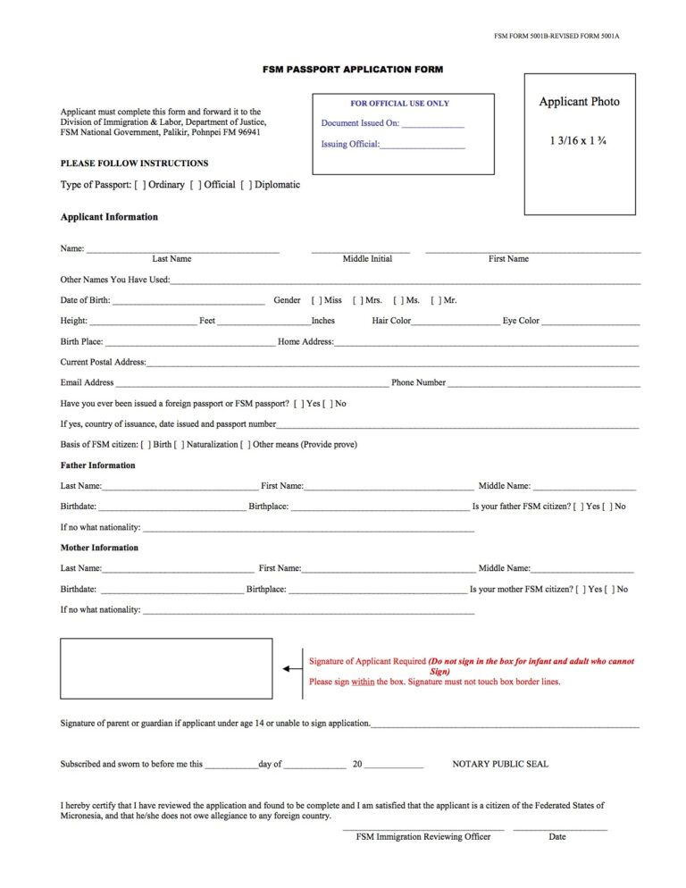 FSM Passport Application Form Embassy Of The Federated