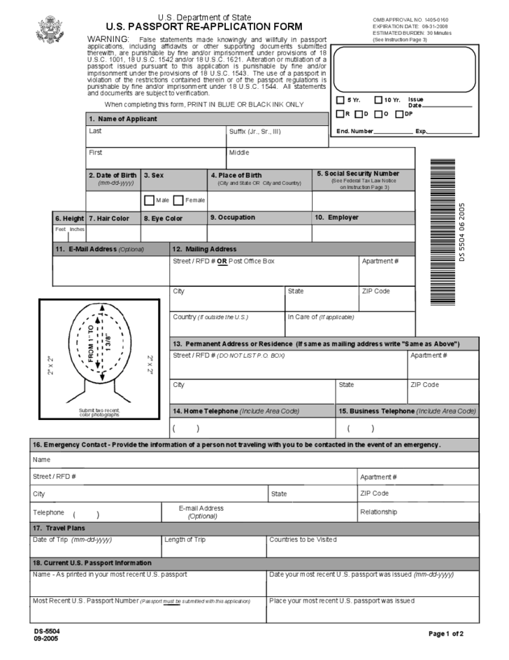 U S Passport Re Application Form Free Download