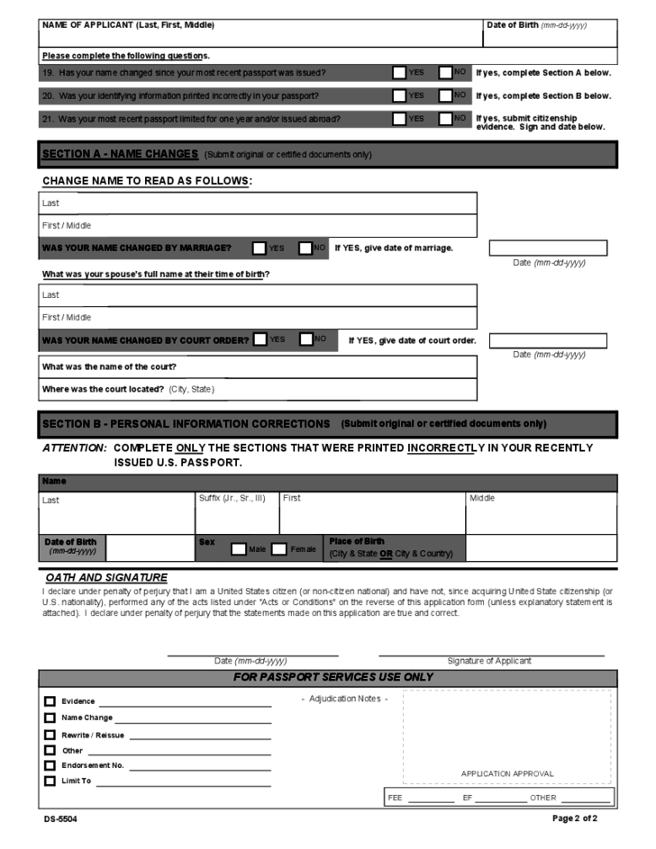 U S Passport Re Application Form Free Download