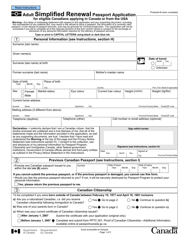 Adult Simplified Renewal Passport Application Form PPTC 054 