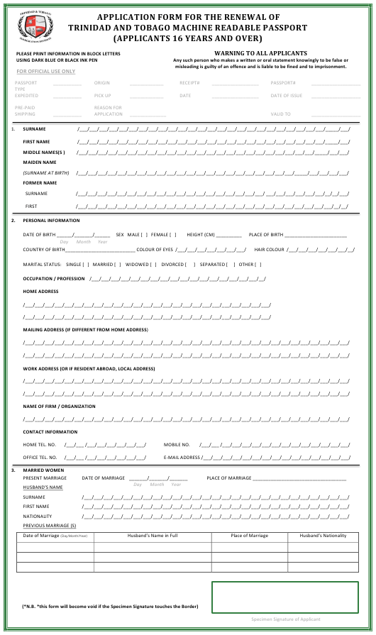 Application Form For The Renewal Of Trinidad And Tobago 