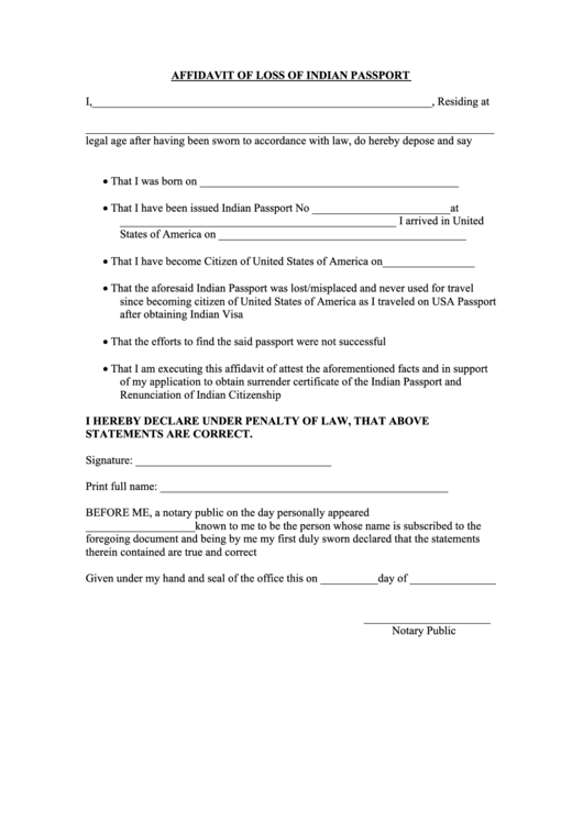 Fillable Affidavit Of Loss Of Indian Passport Printable Fillable Affidavit Of Loss Of Indian Passport Printable
