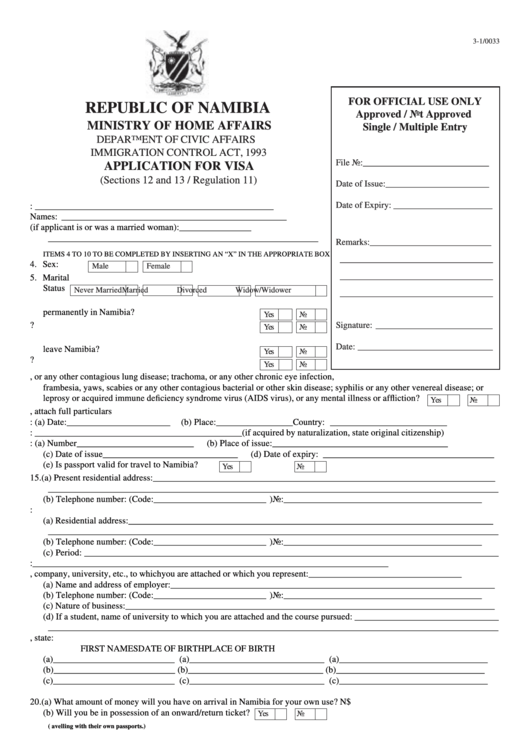 Fillable Form 3 1 0033 Application For Visa Republic 