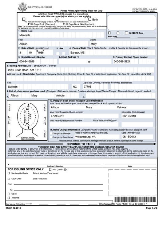 Fillable Form Ds 82 Us Passport Renewal Application For