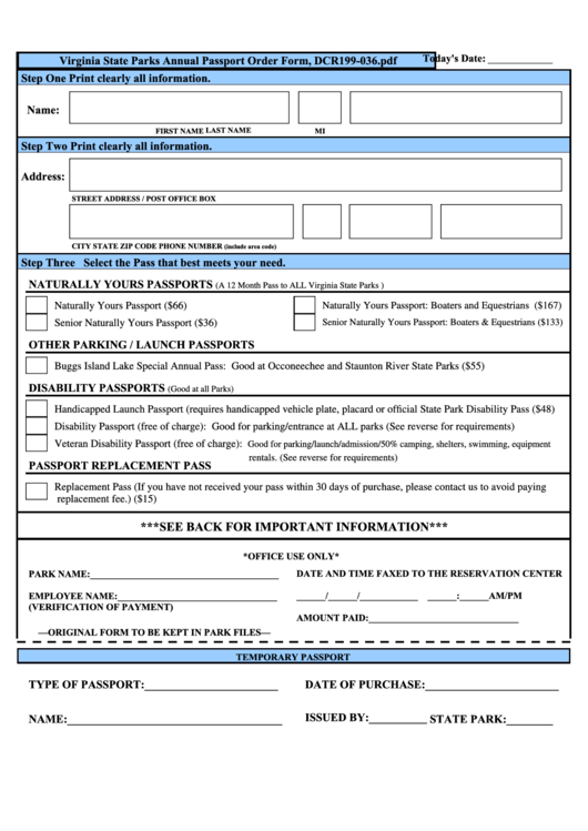 Form Dcr199 036 Annual Passport Order Form Printable Pdf 