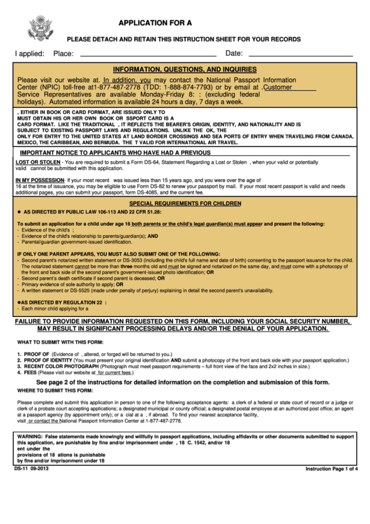 Form Ds 11 Application Form For A U s Passport