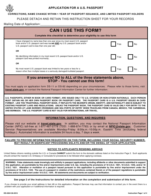 Form DS 5504 Download Printable PDF Application For A U S 