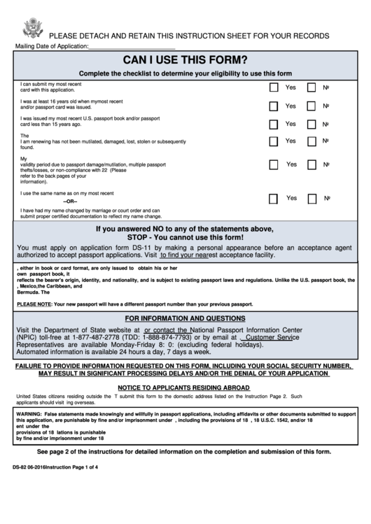 Form Ds 82 U s Passport Renewal Application For 