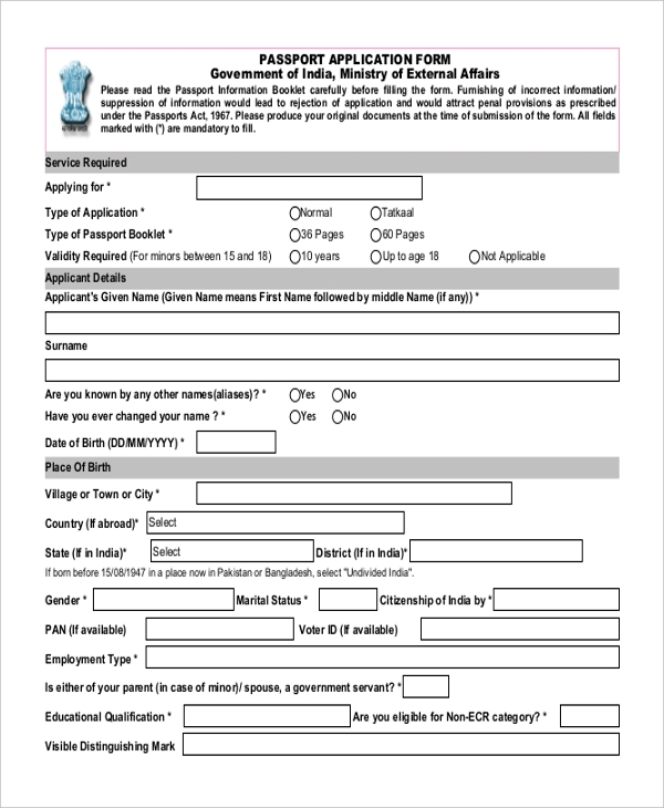 FREE 10 Sample Passport Application Forms In PDF Excel 