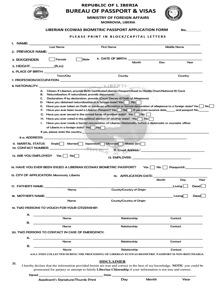 LR Liberian Ecoas Biometric Passport Application Form