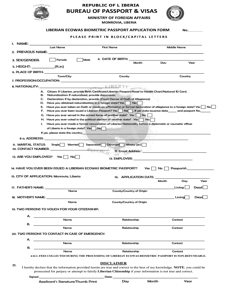 LR Liberian Ecoas Biometric Passport Application Form 