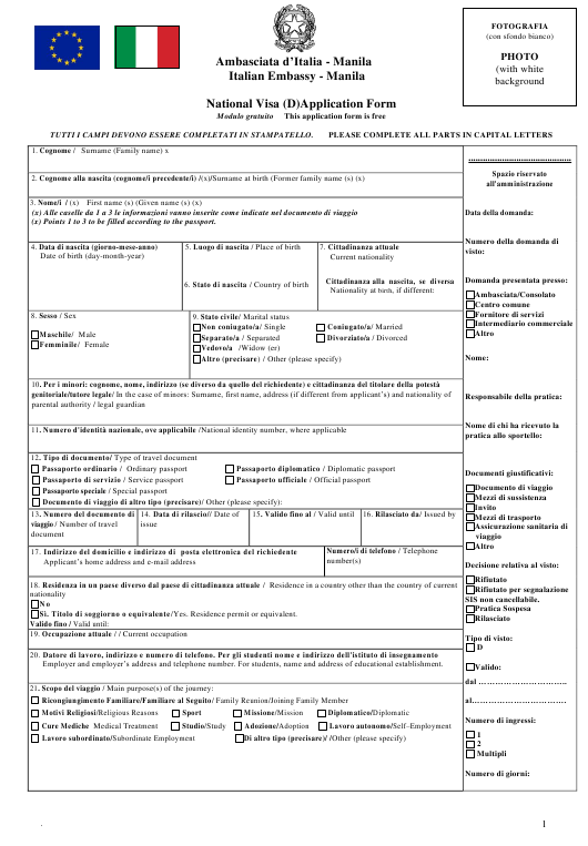 Manila Philippines Italian National Visa D Application 