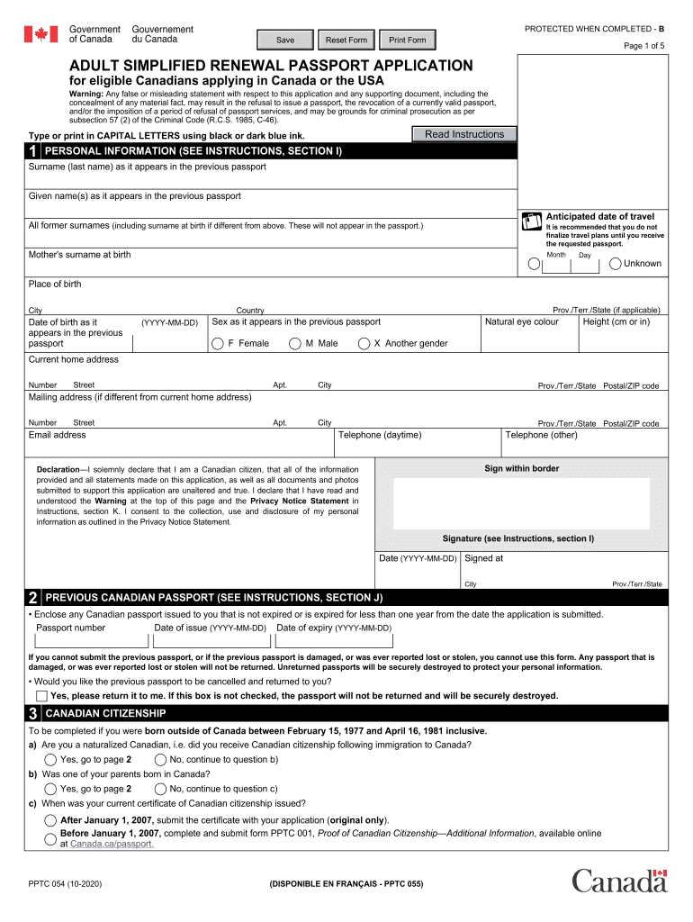 PPTC 054 E Adult Simplified Renewal Passport Application 