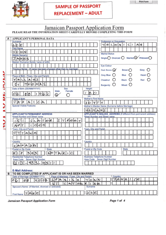 Sample Filled In Jamaican Passport Application Form 