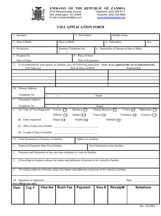 Washington D C Zambia Visa Application Form Embassy Of Washington D C Zambia Visa Application Form Embassy Of