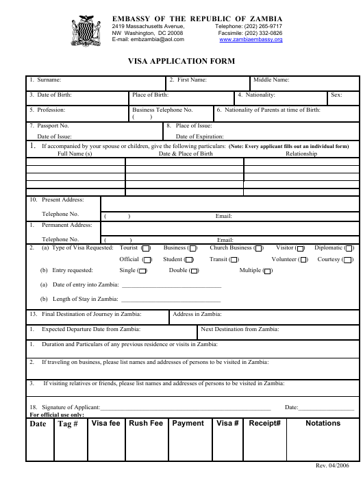 Washington D C Zambia Visa Application Form Embassy Of 