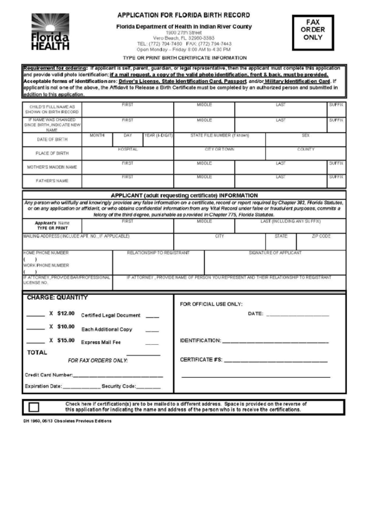 Application For Florida Birth Record Printable Pdf Download