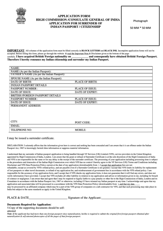 Application For Surrender Of Indian Passport citizenship 