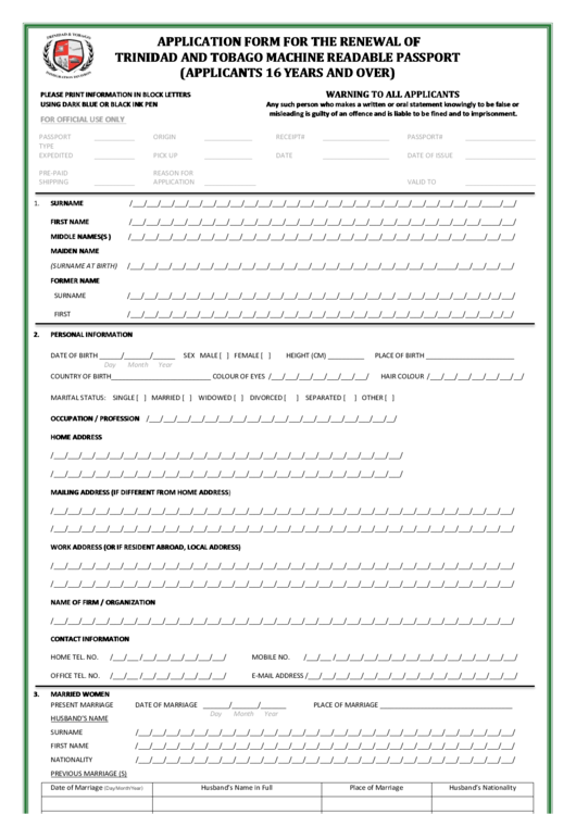 Application Form For The Renewal Of Trinidad And Tobago 