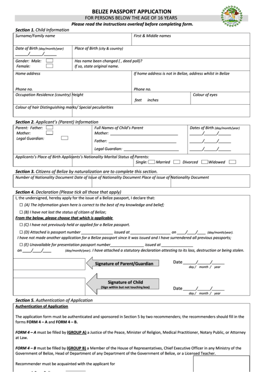 Belize Passport Application For Persons Below The Age Of 