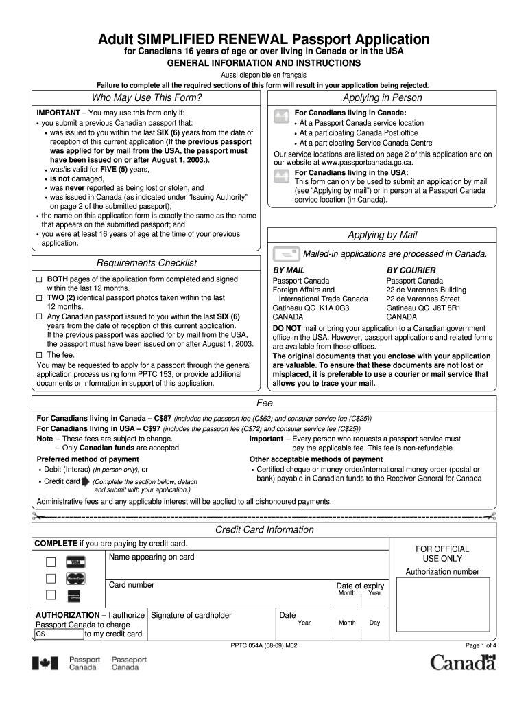 Canada Adult Simplified Renewal Passport Application 