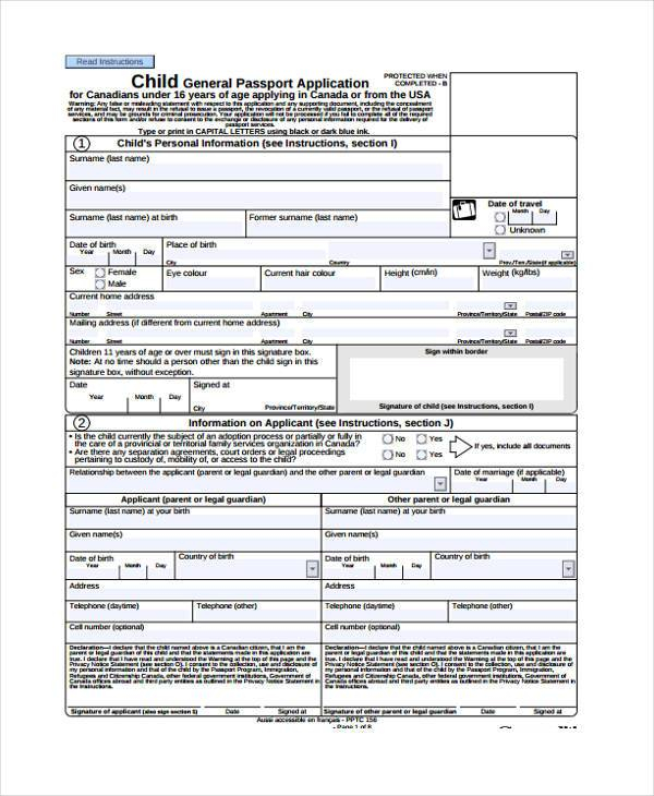 Canada Passport Application Child Form