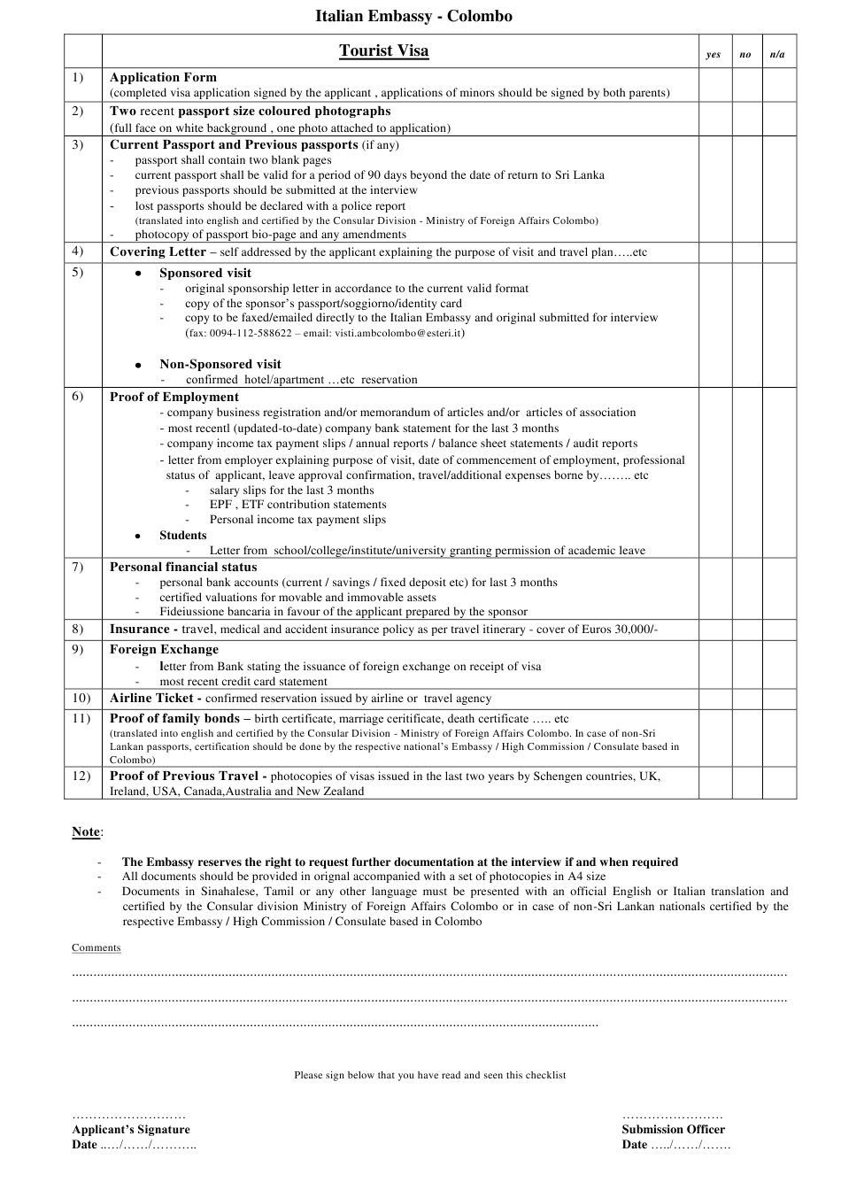 Colombo Sri Lanka Italian Tourist Visa Application Form 