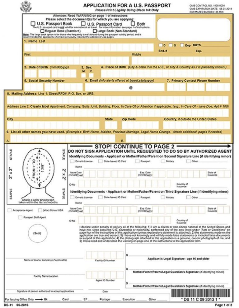 D 11 Passport Form Application For A U S Passport Form Ds