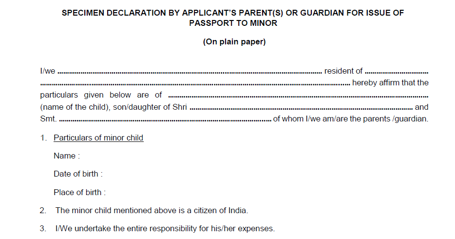 Declaration Format Of Parents Or Guardian For Passport Of 