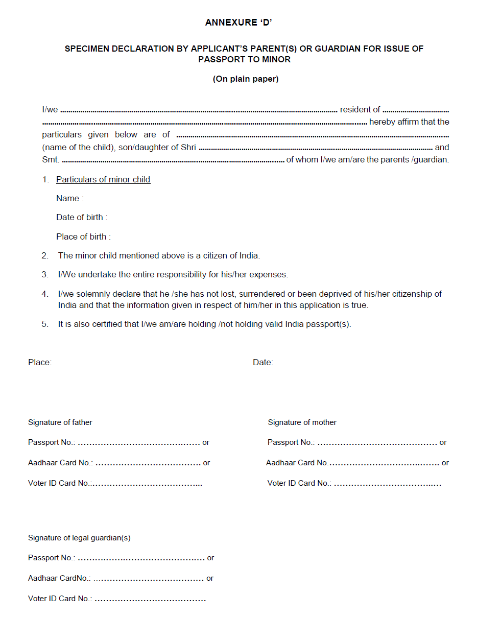 Declaration Format Of Parents Or Guardian For Passport Of 