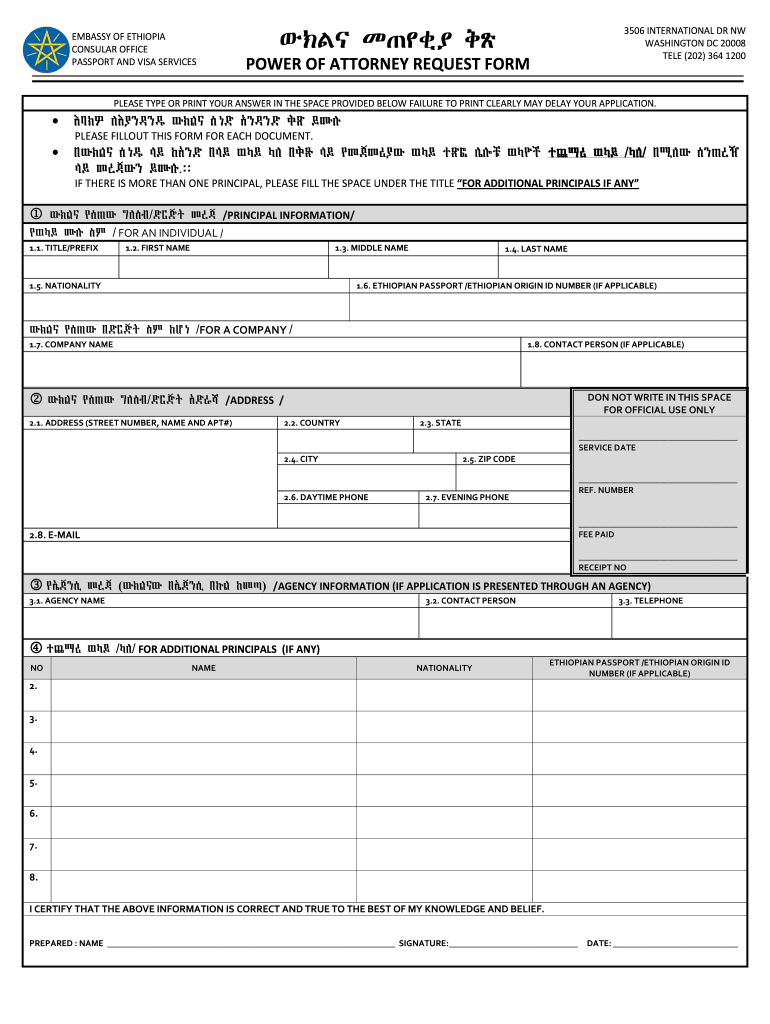 Ethiopian Embassy Power Of Attorney Fill Out And Sign 