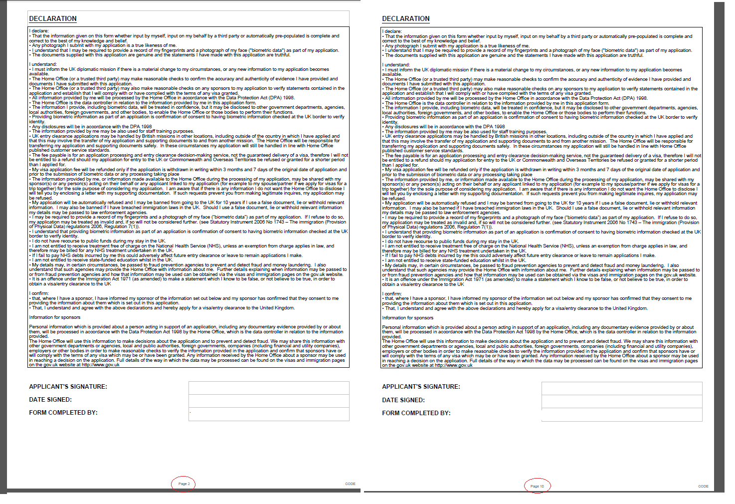 Failure To Sign One Page Of Declaration In Printed UK Visa 