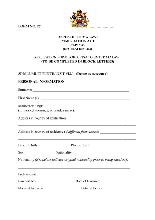 Fillable Application Form For A Visa To Enter Malawi