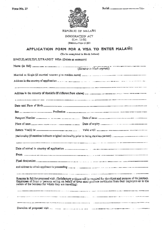 Fillable Form 27 Application Form For A Visa To Enter 