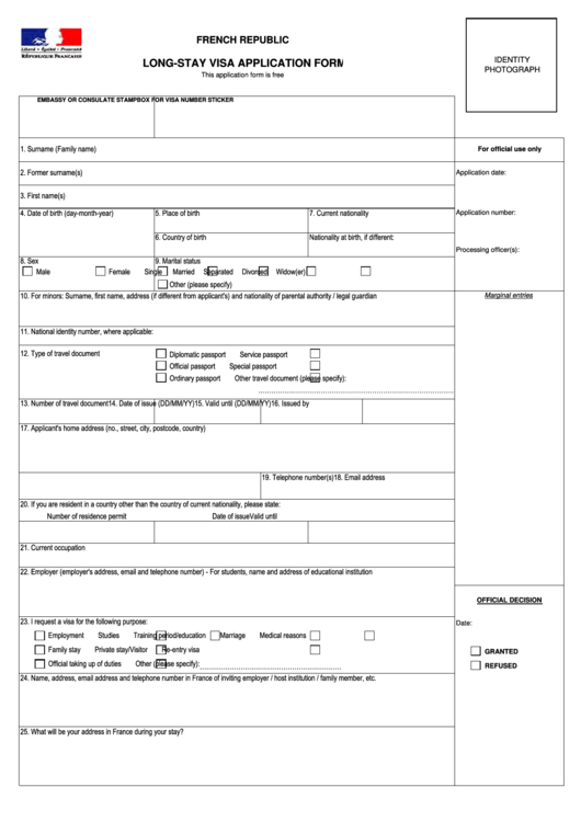 Fillable French Republoc Long Stay Visa Application Form 