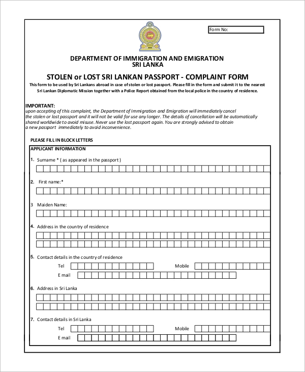 FREE 8 Sample Lost Passport Forms In PDF