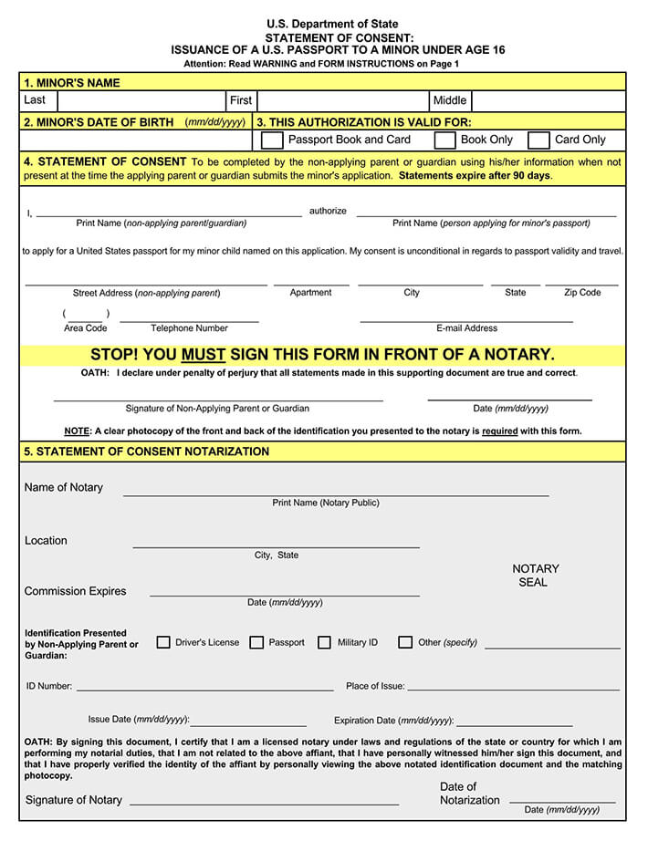 Free Passport Parental Consent Forms Form DS 3053 Word PDF