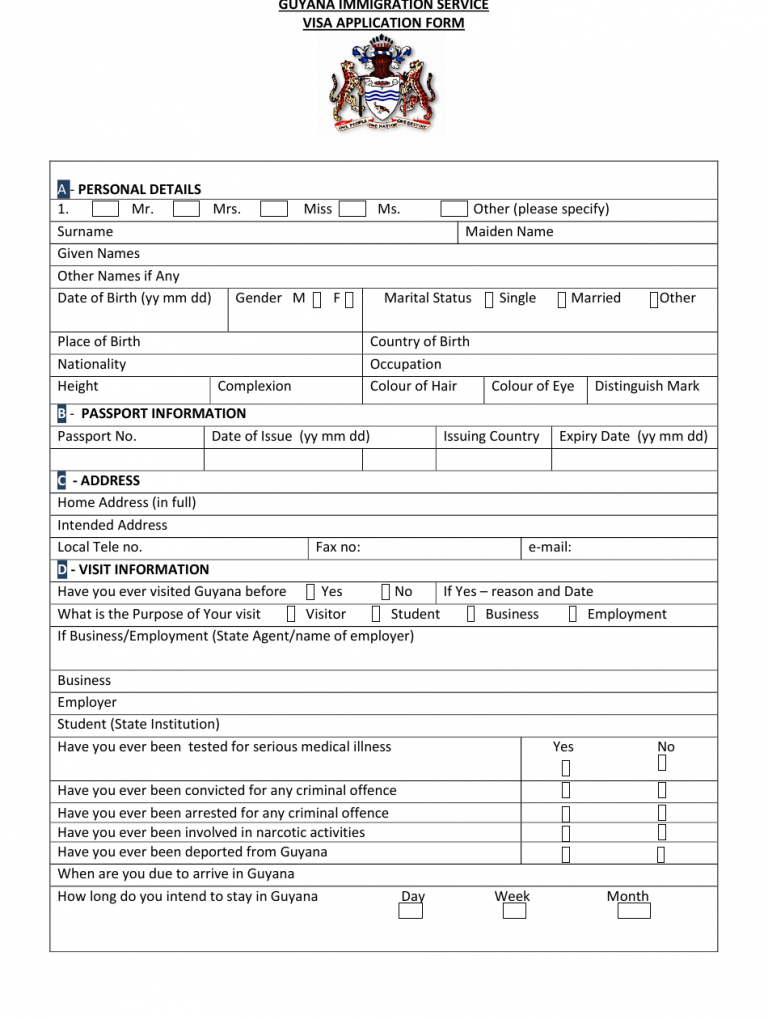 Guyana Guyana Visa Application Form Download Printable PDF