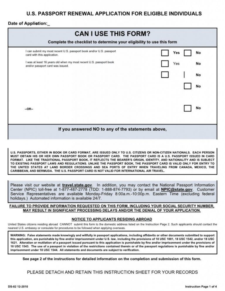 Passport Renewal Form Ds 82 Download PrintableForm