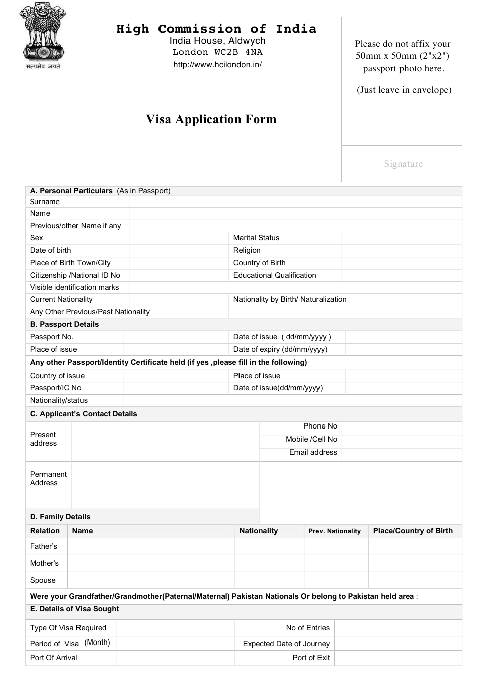 United Kingdom Indian Visa Application Form High 