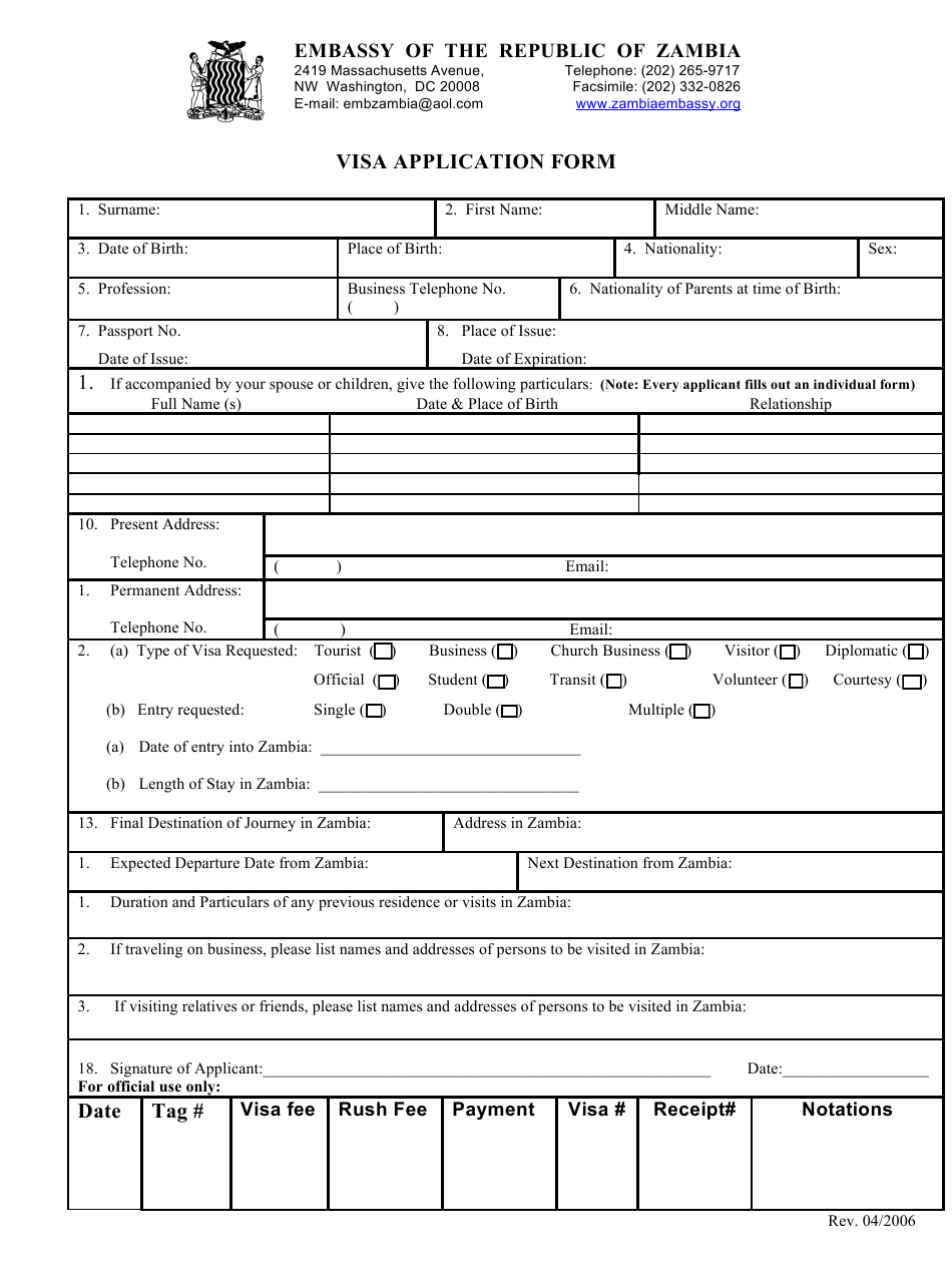 Washington D C Zambia Visa Application Form Embassy Of Washington D C Zambia Visa Application Form Embassy Of
