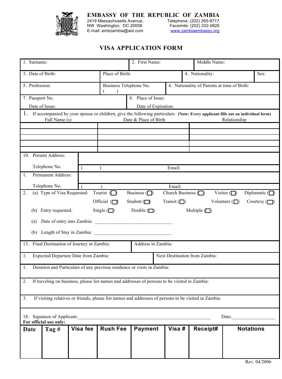 Washington D C Zambia Visa Application Form Embassy Of 