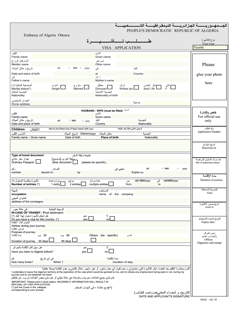 Algeria Visa Application Form Pdf Fill Out And Sign 