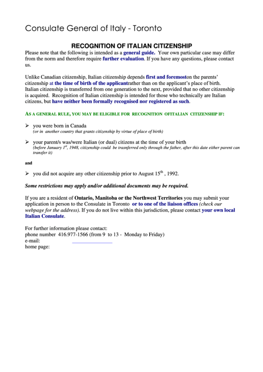 Application For Recognition Of Italian Citizenship Application For Recognition Of Italian Citizenship