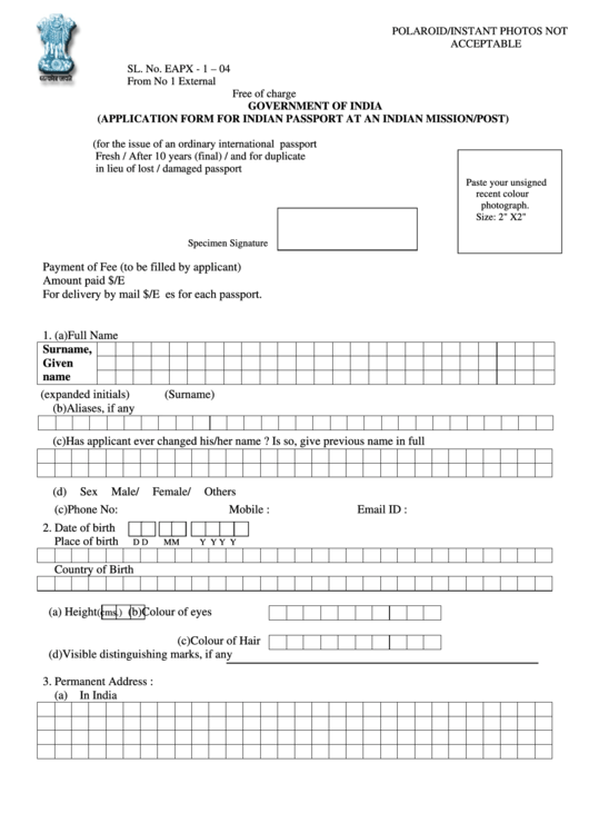 Application Form For Indian Passport At An Indian Mission