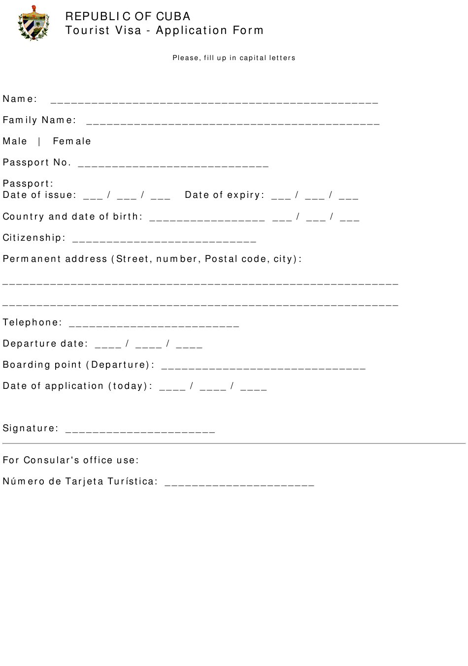 Cuba Republic Of Cuba Tourist Visa Application Form 