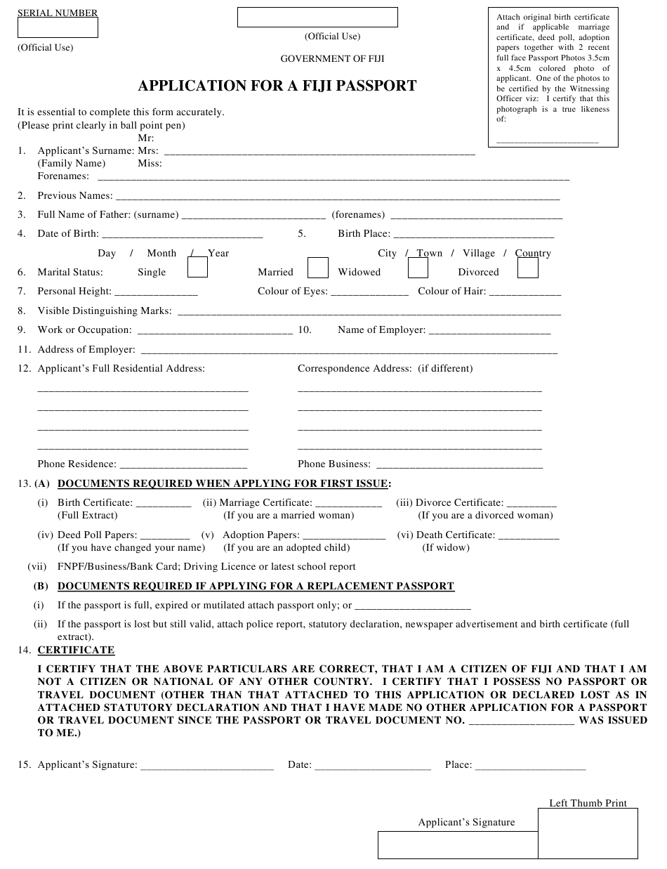 Fiji Application Form For A Fiji Passport Download 