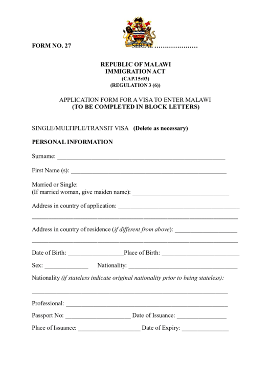 Fillable Application Form For A Visa To Enter Malawi 